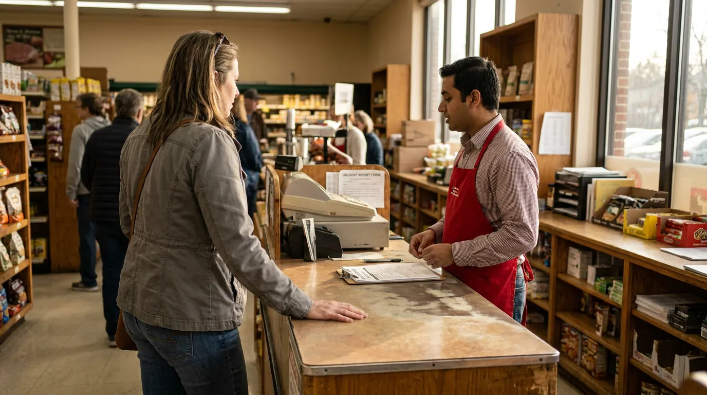 Customer Filing Slip and Fall Incident Report Norristown Grocery Store customer speaking with apron-wearing store employee at retail checkout counter