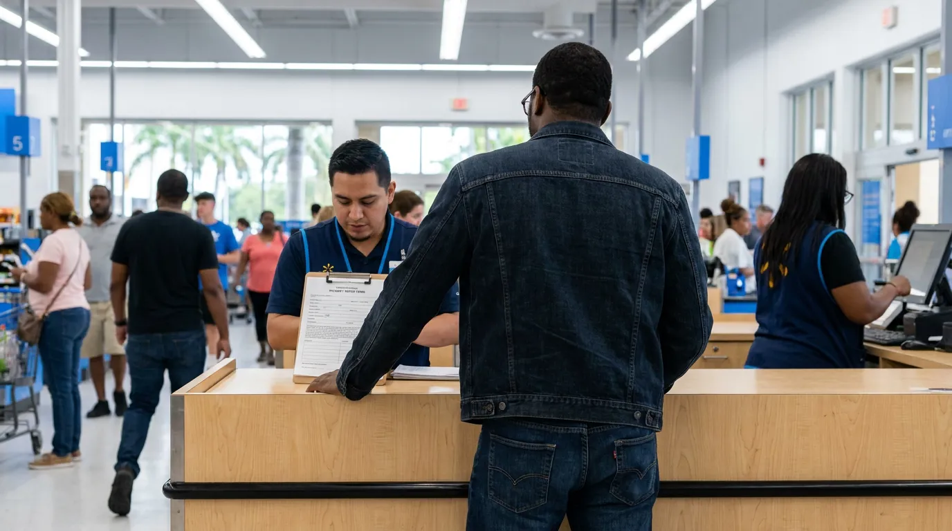 retail store employee reviewing clipboard form with customer at service desk