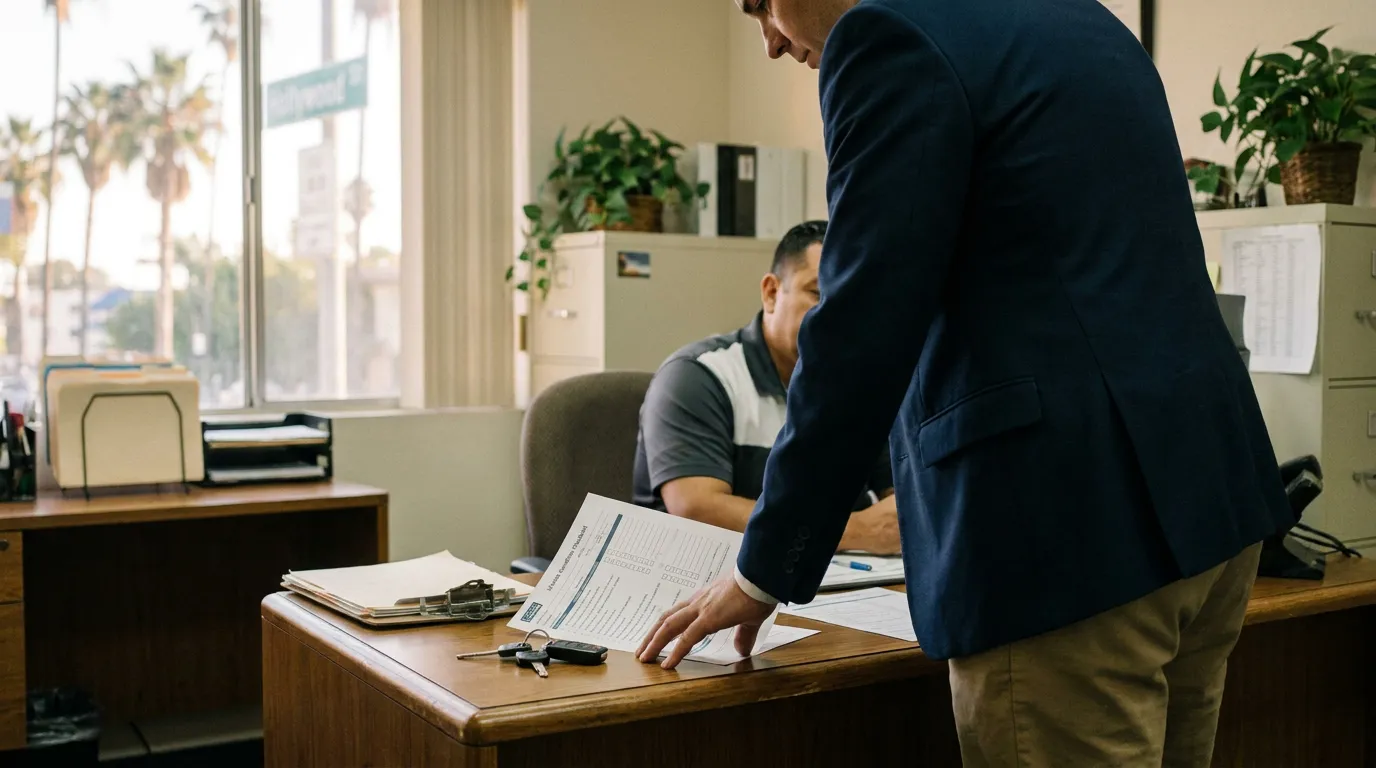 suited professional leaning over desk reviewing legal documents with client seated