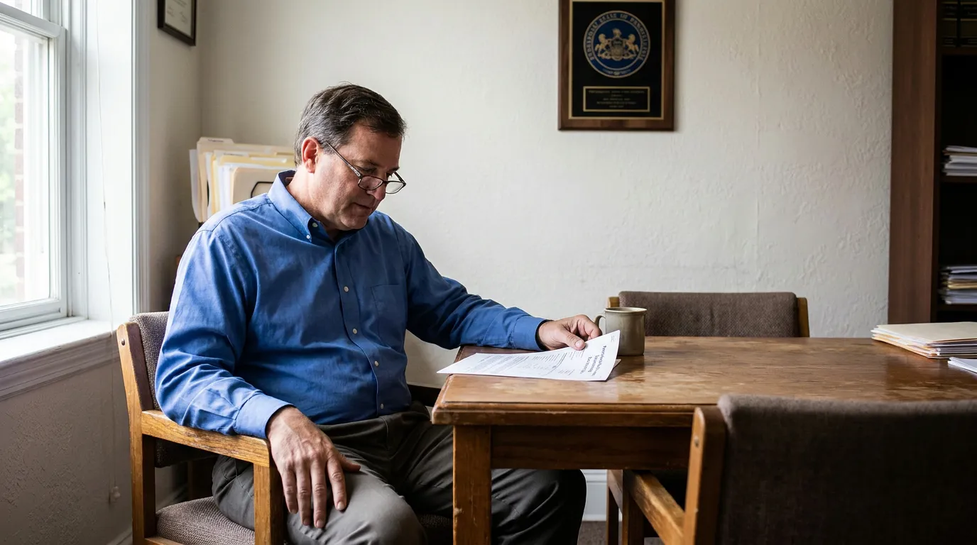 attorney reviewing legal documents at office table with Pennsylvania state plaque on wall