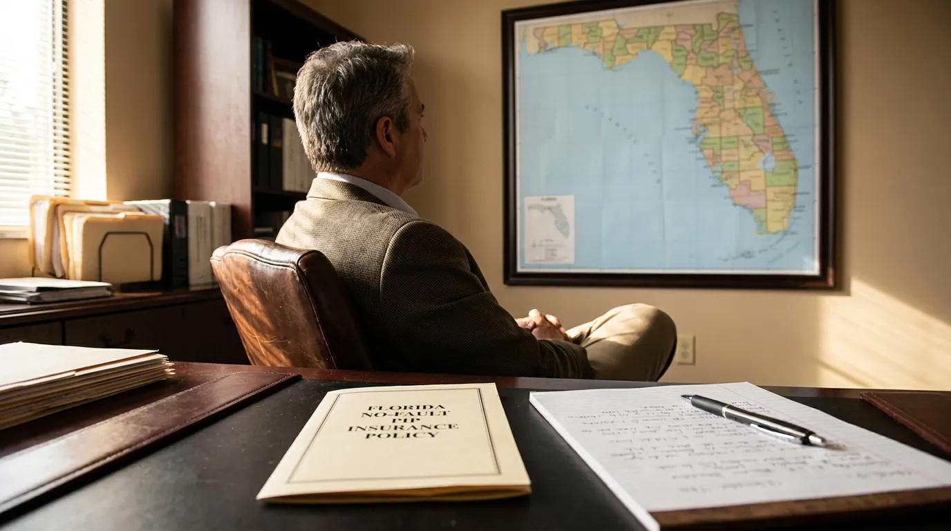 Hollywood Florida Attorney Reviewing No-Fault PIP Insurance Policy attorney seated at desk with Florida No-Fault PIP Insurance Policy document and Florida map