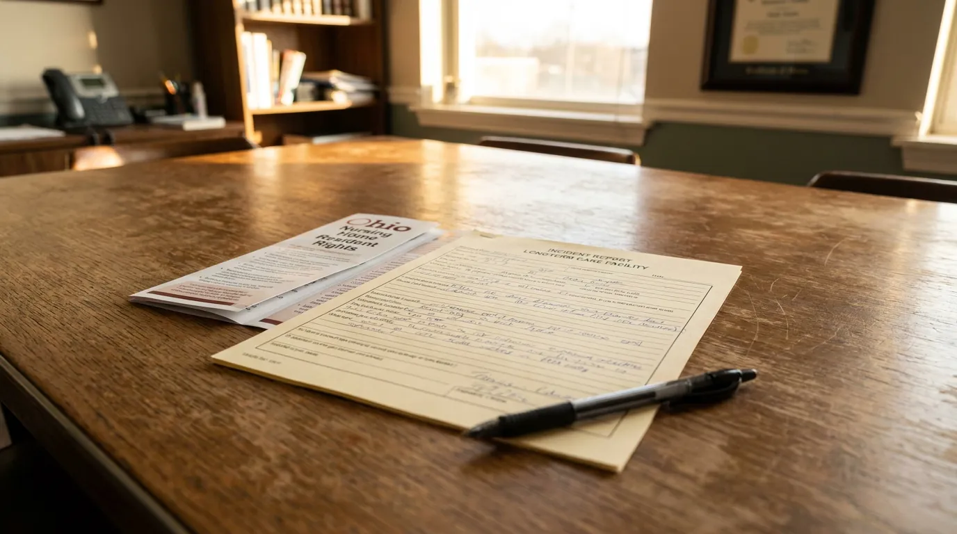 Nursing Home Fall Incident Report Mansfield Ohio Attorney Office Incident Report Long Term Care Facility form beside Ohio Nursing Home Resident Rights brochure on desk