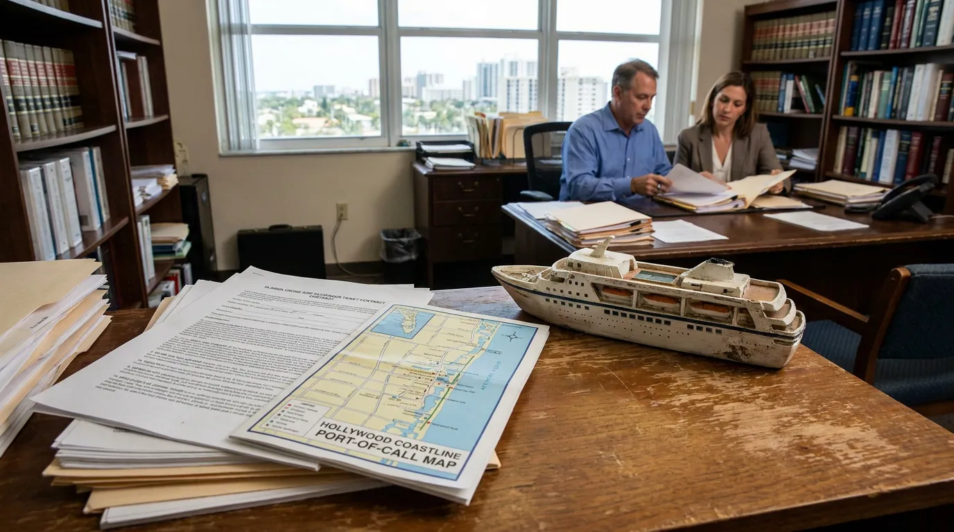 Hollywood Coastline Port-of-Call Map and cruise ship model on law office desk with attorneys reviewing documents