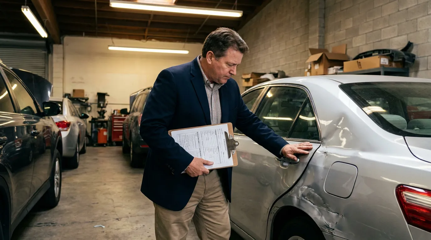 suited man holding clipboard inspecting damaged car door in auto repair garage