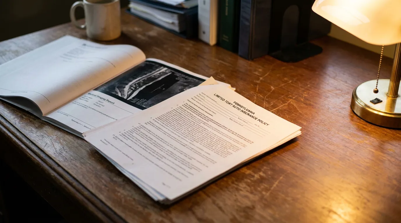 Pennsylvania Limited Tort Auto Insurance Policy Norristown Desk Pennsylvania Limited Tort Auto Insurance Policy document beside medical imaging report on wooden desk