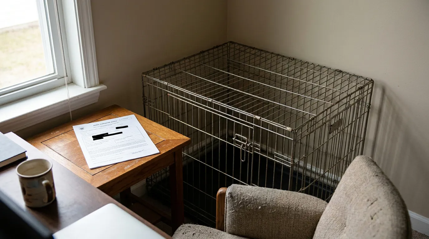 empty wire animal crate beside wooden desk with official legal document