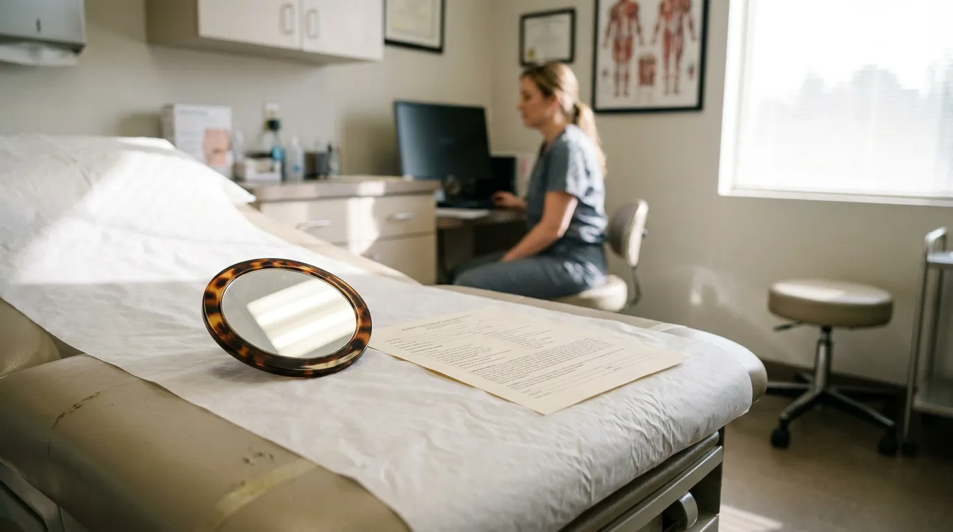 medical examination table with document and mirror, nurse working at desk