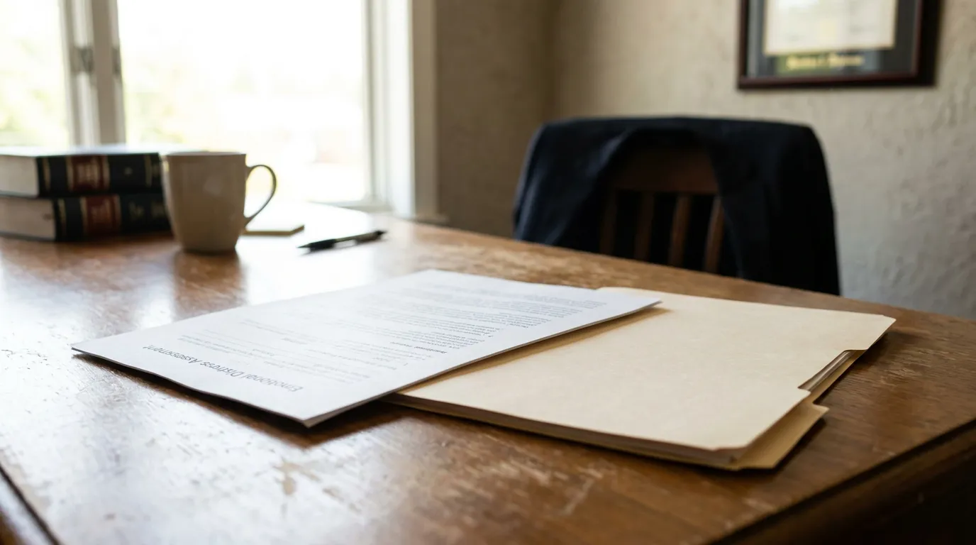 Emotional Distress Assessment document open in manila folder on attorney desk