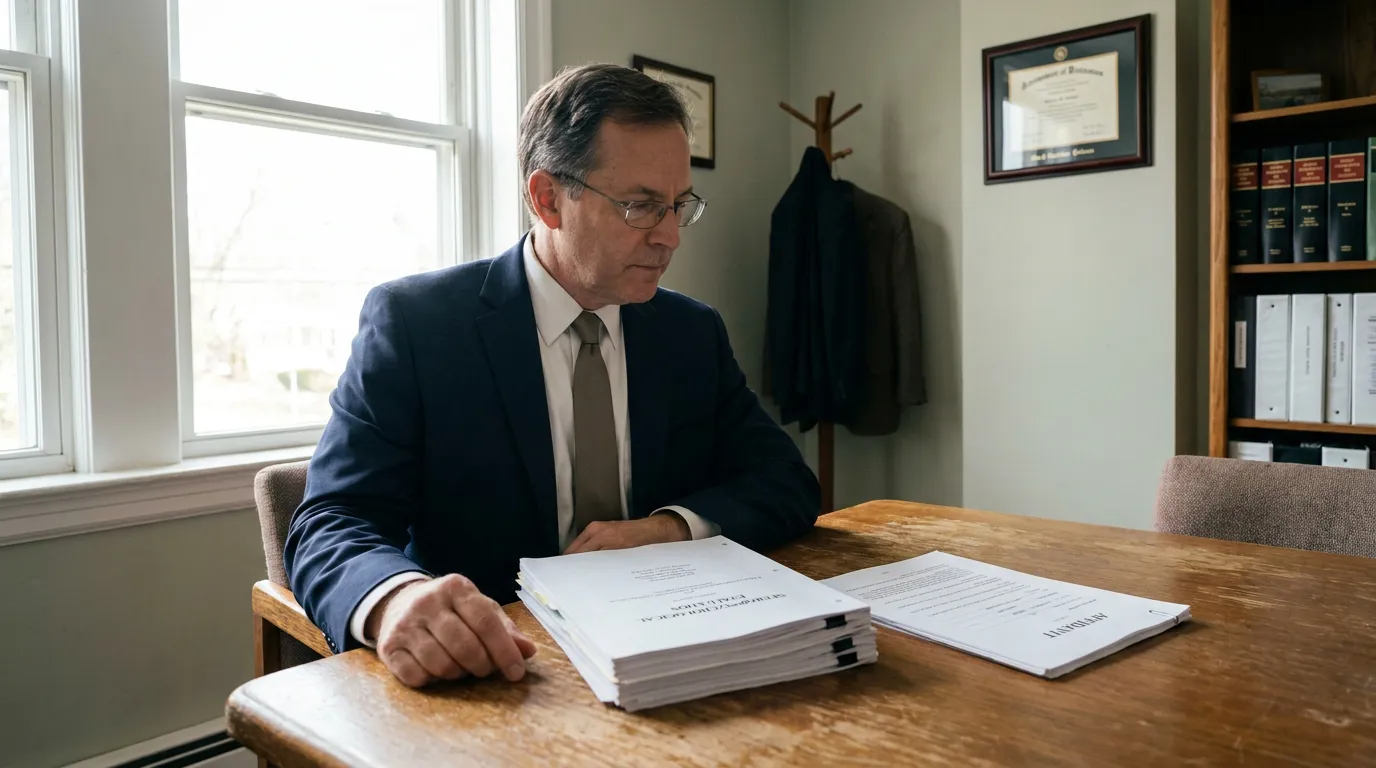 suited attorney reviewing affidavit documents at office table with framed credentials on wall