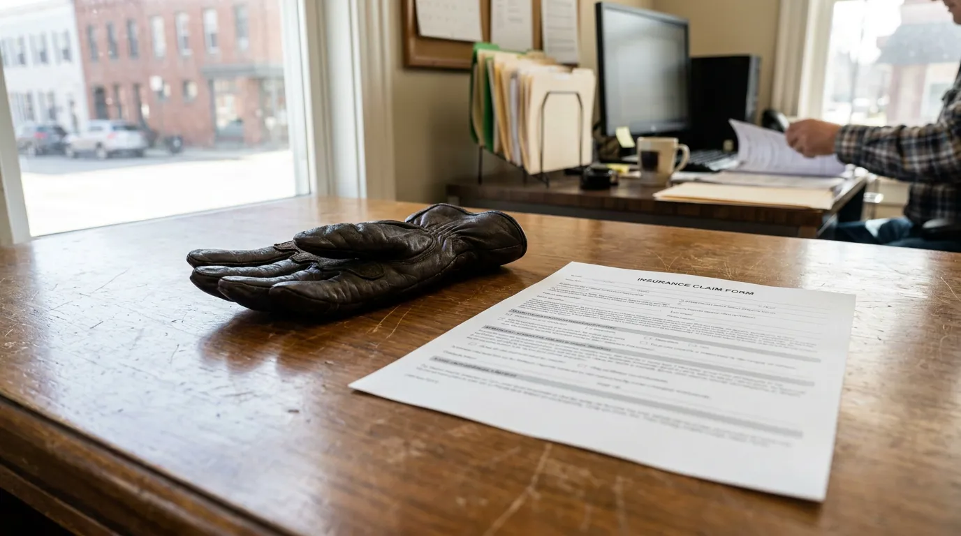 Saratoga Springs Motorcycle Rider Insurance Claim Form leather glove and insurance claim form on wooden desk in office