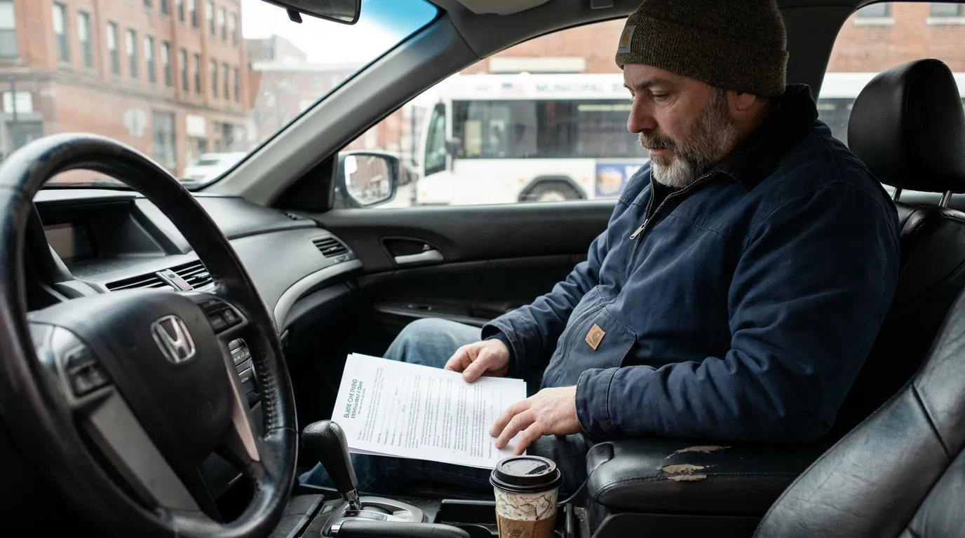 man seated in Honda vehicle reviewing printed legal document with coffee nearby