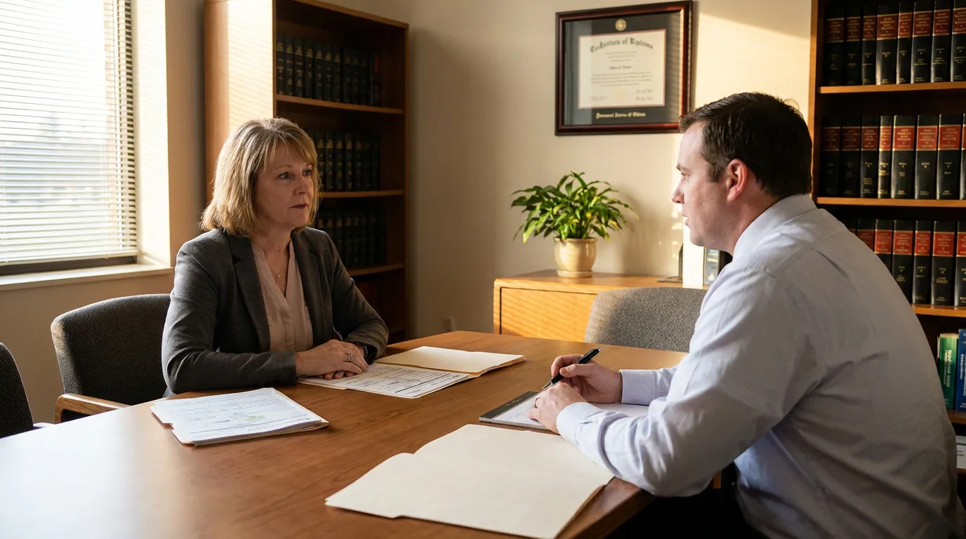 Dayton Car Accident Attorney Consulting Injured Client Ohio attorney and client meeting at desk with legal documents and law books