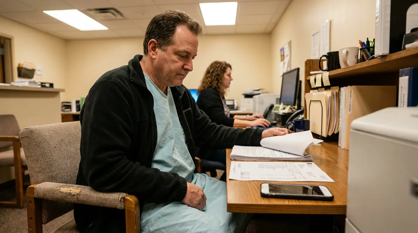 person in medical scrubs reviewing printed documents at office desk
