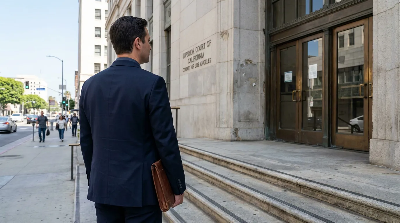 Los Angeles Employment Attorney Outside Superior Court California suited attorney holding leather portfolio outside Superior Court of California Los Angeles