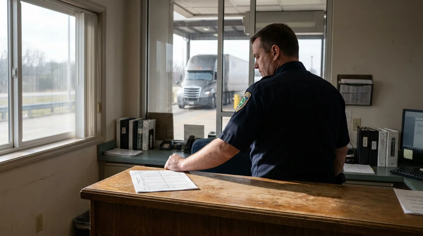 Dayton Ohio DOT Officer Reviewing Truck Hours of Service Log uniformed officer at inspection station desk with commercial semi-truck visible outside