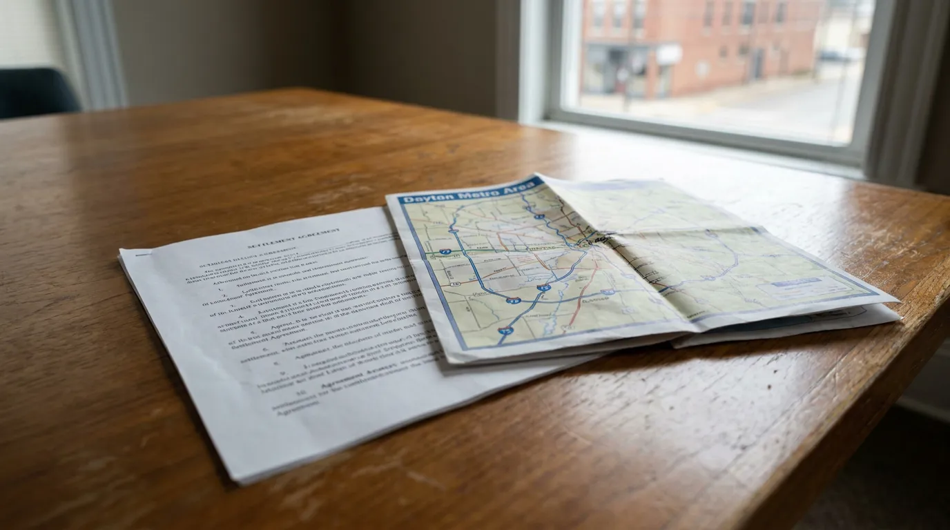 Settlement Agreement document beside folded Dayton Metro Area map on wooden table