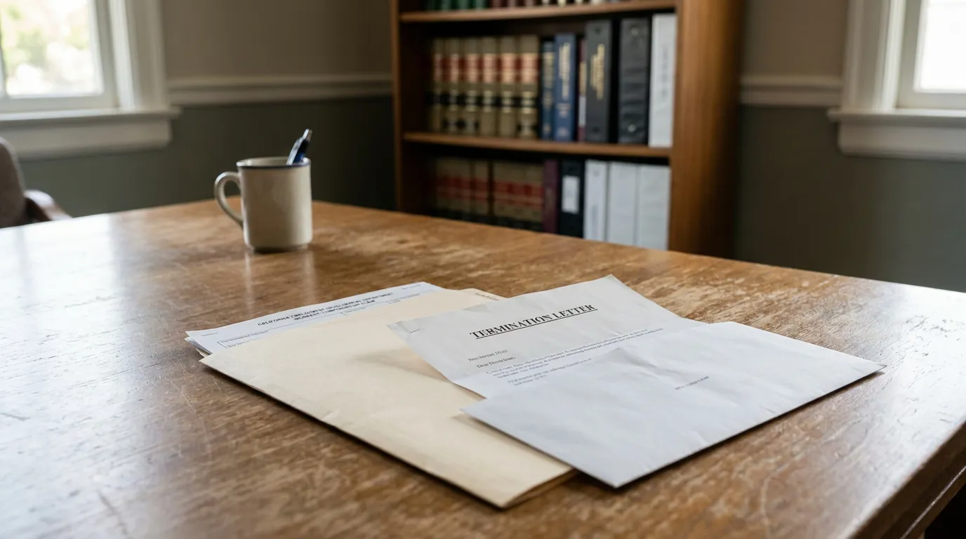 Termination letter and envelope on wooden desk in law office with legal binders