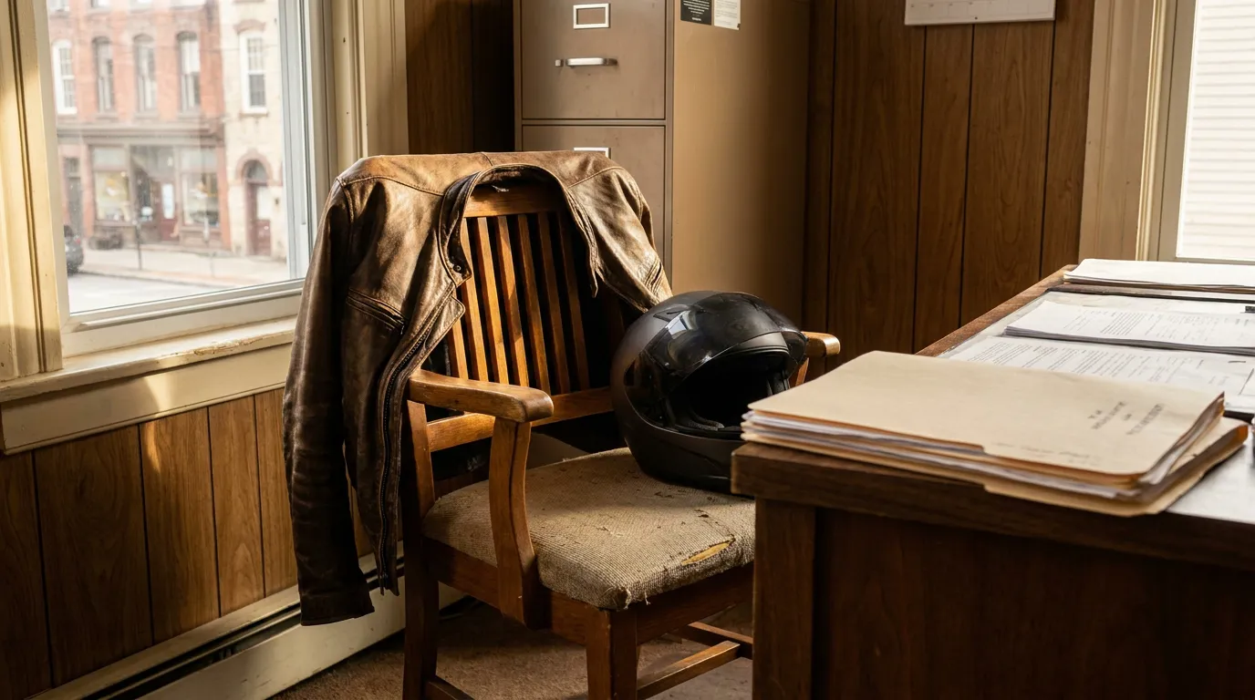Motorcycle Rider Insurance Claim Office Saratoga Springs motorcycle helmet and leather jacket on chair beside legal documents desk