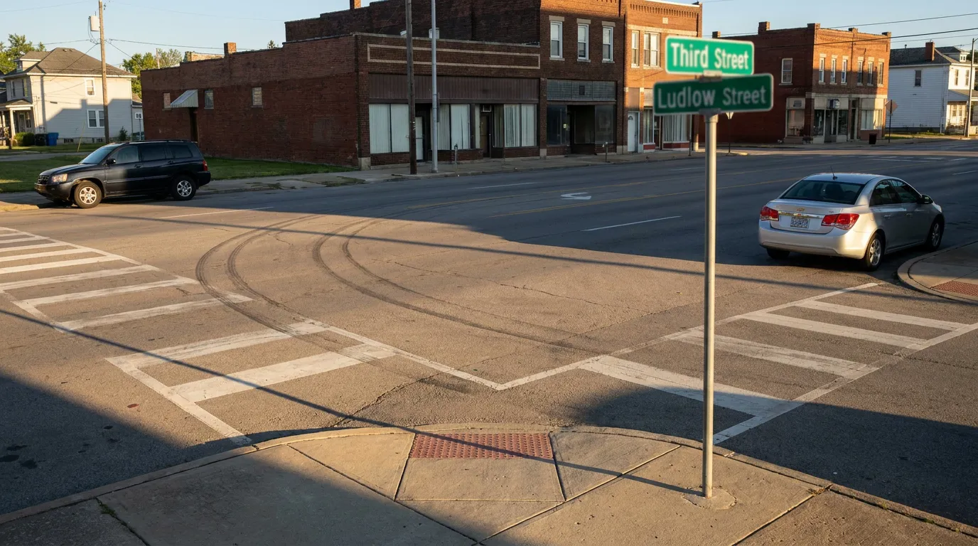 Third Street and Ludlow Street intersection with crosswalks and passing vehicles