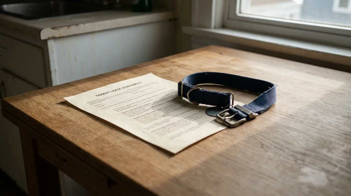 Albany Tenant Lease Agreement and Dog Collar Landlord Liability Tenant lease agreement document and pet collar resting on wooden table