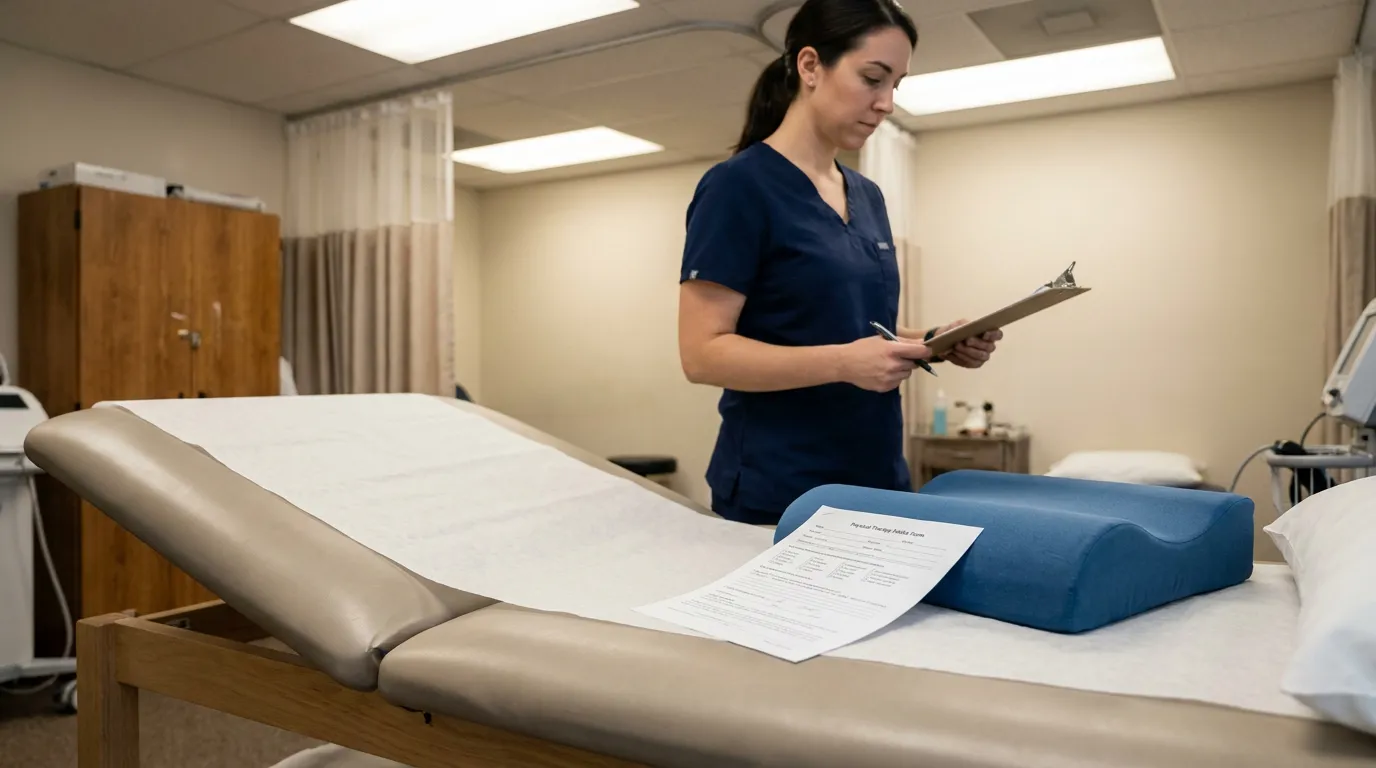 medical professional holding clipboard beside physical therapy intake form on treatment table