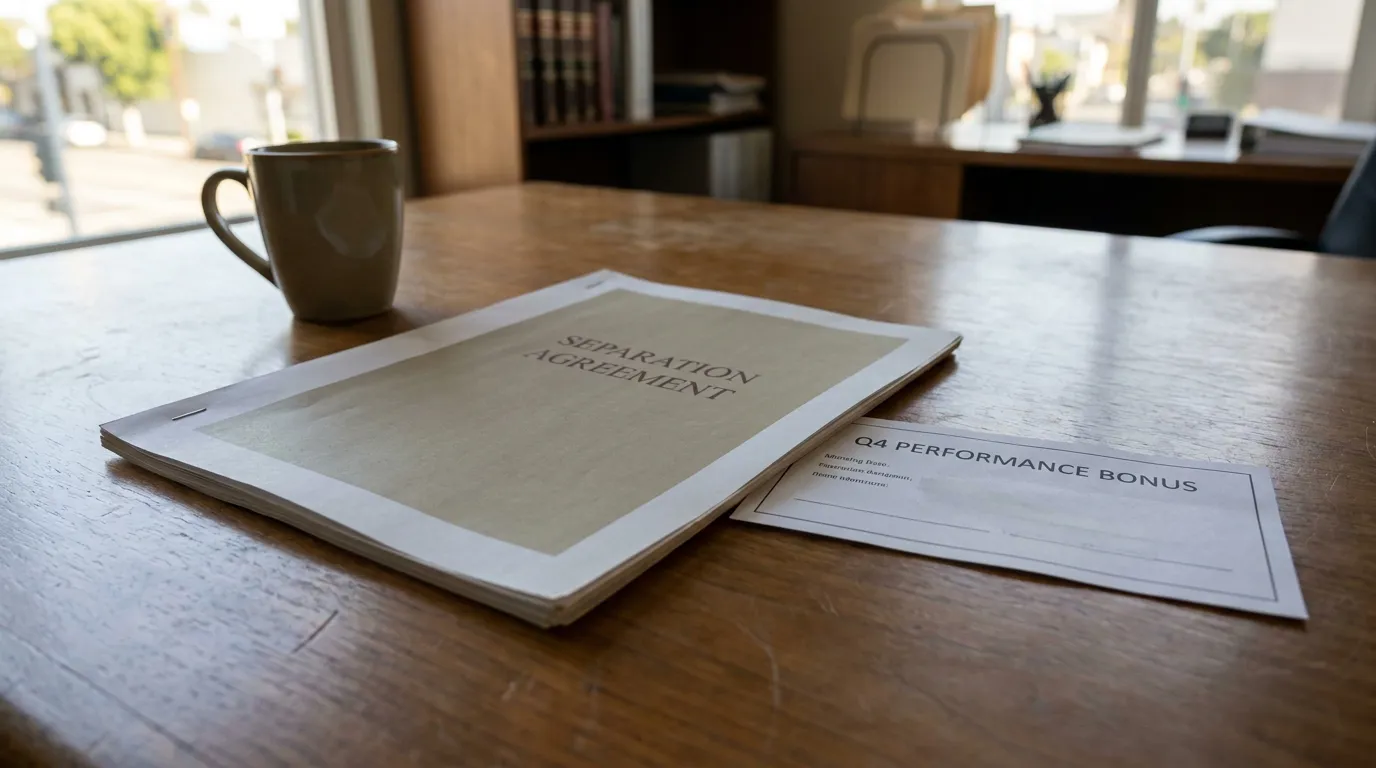 Separation Agreement document and Q4 Performance Bonus form on office desk