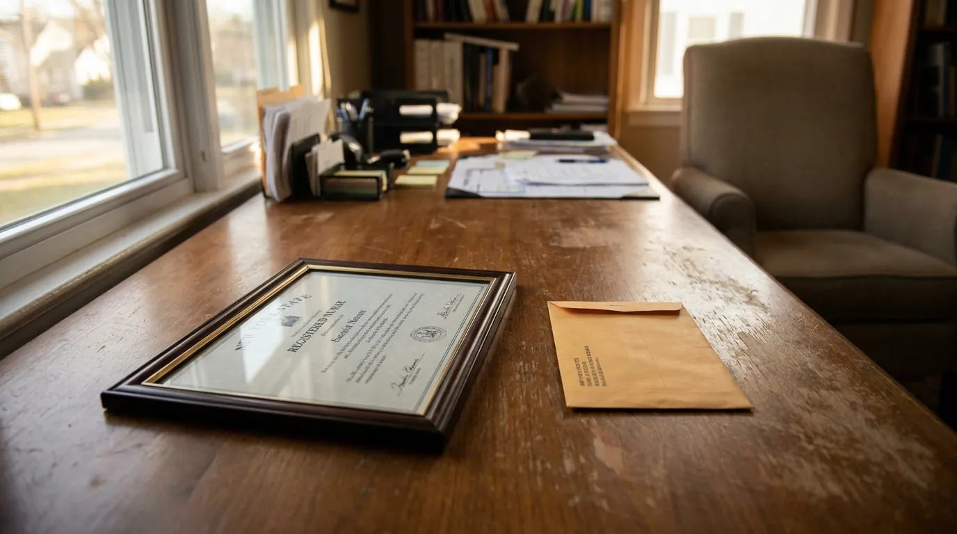 Albany Nurse License Investigation Notice on Attorney Desk framed Registered Nurse certificate and manila envelope on wooden office desk