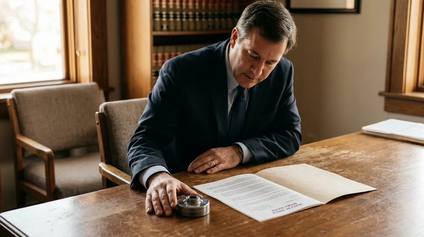 Dayton Attorney Reviewing Defective Vehicle Recall Notice attorney in suit stamping legal document at wooden desk with law books