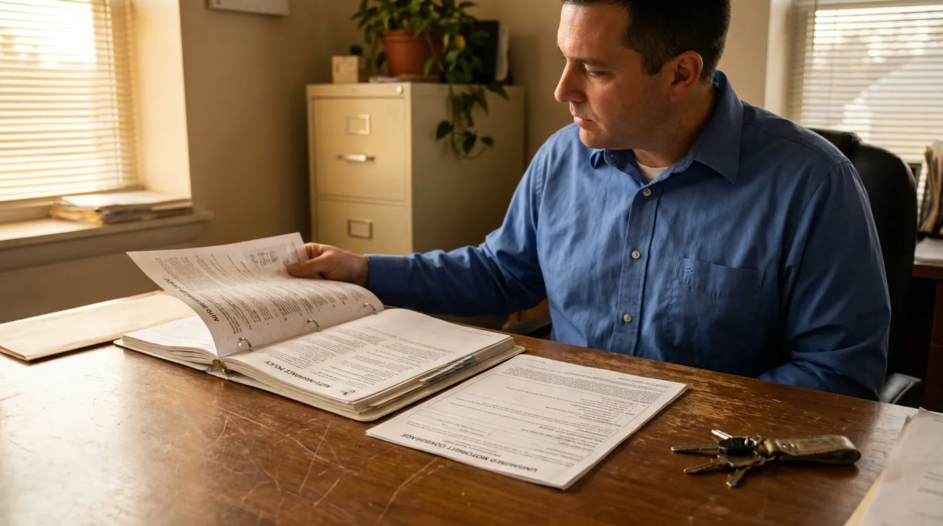 Dayton Attorney Reviewing Uninsured Motorist Coverage Policy man reviewing auto insurance policy binder with uninsured motorist coverage documents on desk