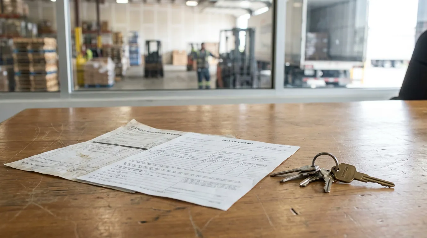 Cargo Shipper Bill of Lading Dayton Ohio Truck Accident Liability Bill of Lading document and keys on table inside warehouse facility