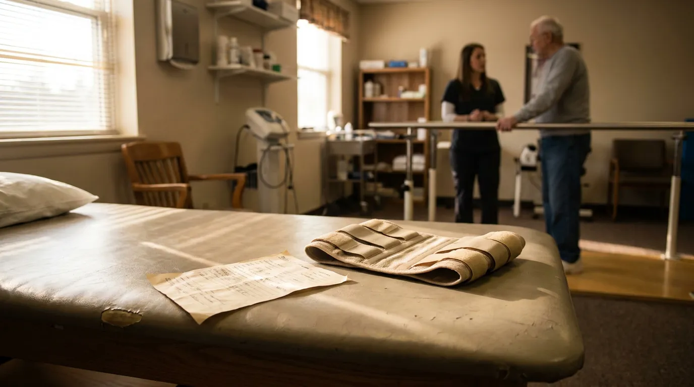 physical therapy table with medical documents and brace, clinician assisting elderly patient