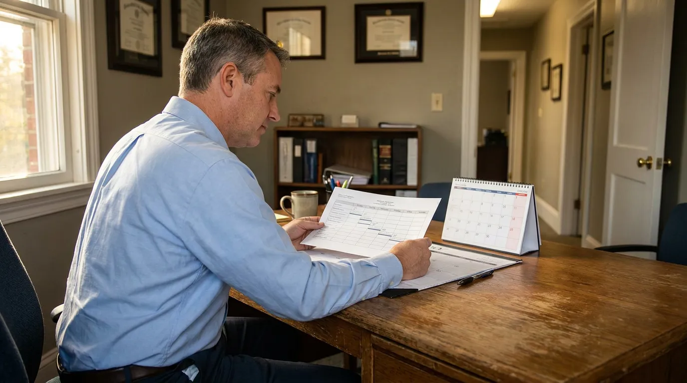 attorney reviewing printed legal documents at wooden desk with desktop calendar
