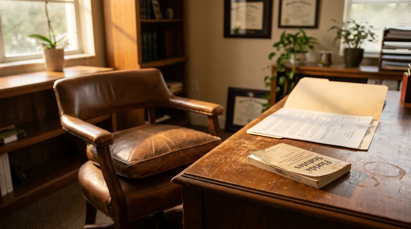 Florida Statutes book and legal documents on wooden attorney office desk