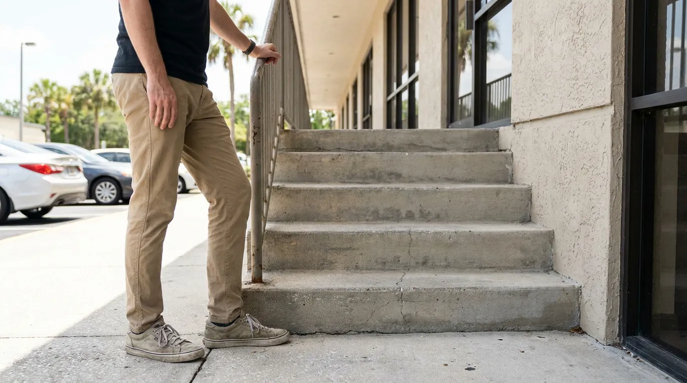 person standing beside cracked concrete outdoor staircase holding metal railing