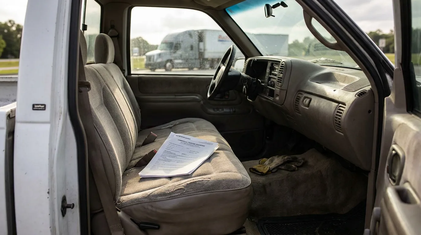MCS-90 Endorsement Document Inside Orlando Commercial Truck commercial trucking documents resting on truck cab passenger seat near highway