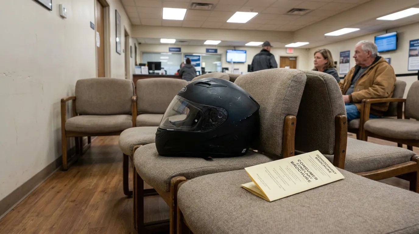Ohio Lemon Law Office Waiting Room Motorcycle Helmet Consumer Brochure motorcycle helmet and consumer complaint brochure resting on waiting room chairs