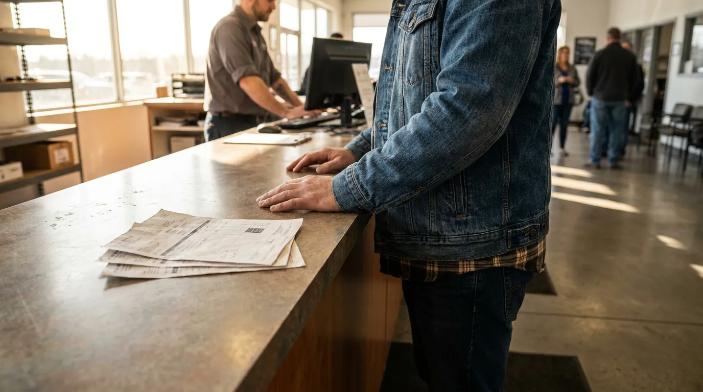 Ohio Vehicle Owner Submitting Repair Orders at Dealership Service Desk person standing at service counter with printed documents beside staff member at computer