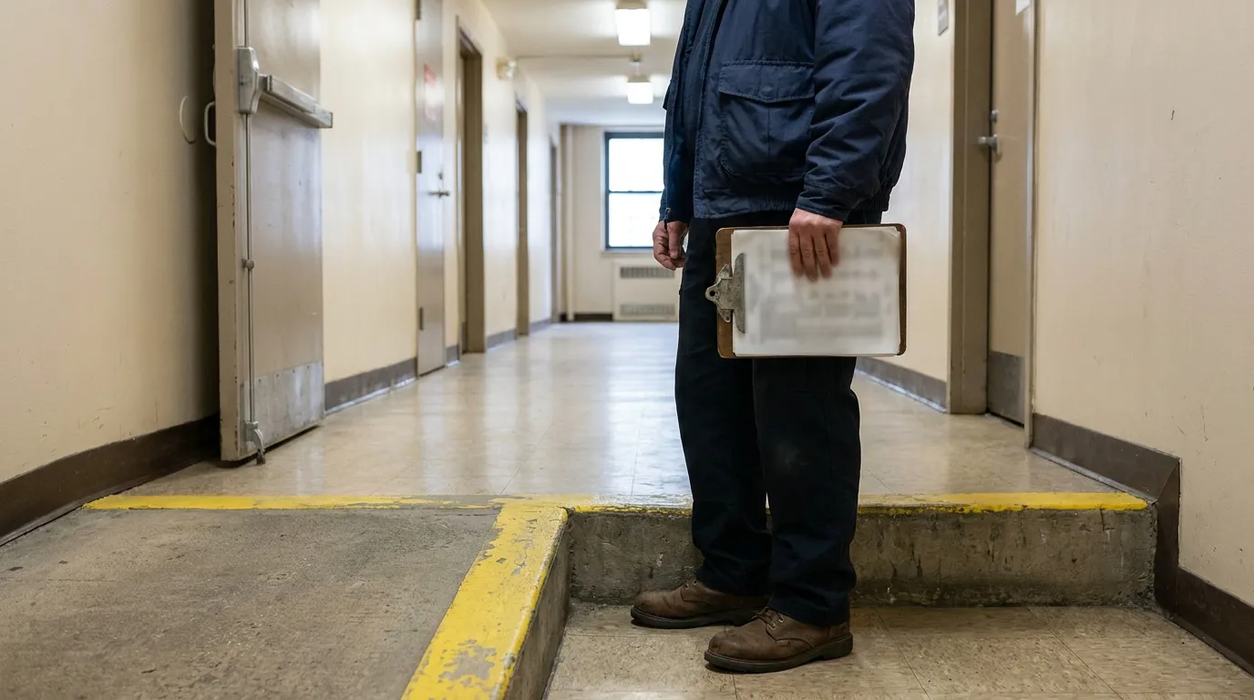 NYC Building Inspector Examining Small Step Premises Defect worker holding clipboard standing in institutional building hallway near stepped threshold