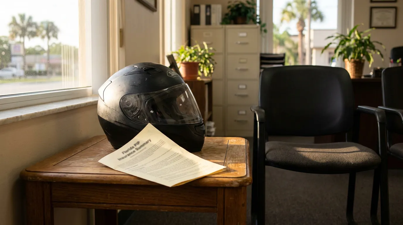 motorcycle helmet resting on Florida PIP Insurance Summary document in law office