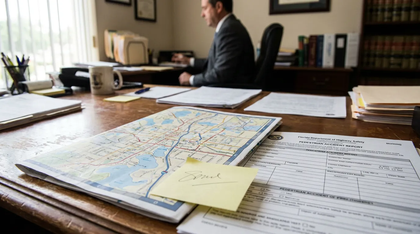 Florida Department of Highway Safety Pedestrian Accident Report and city map on attorney's desk