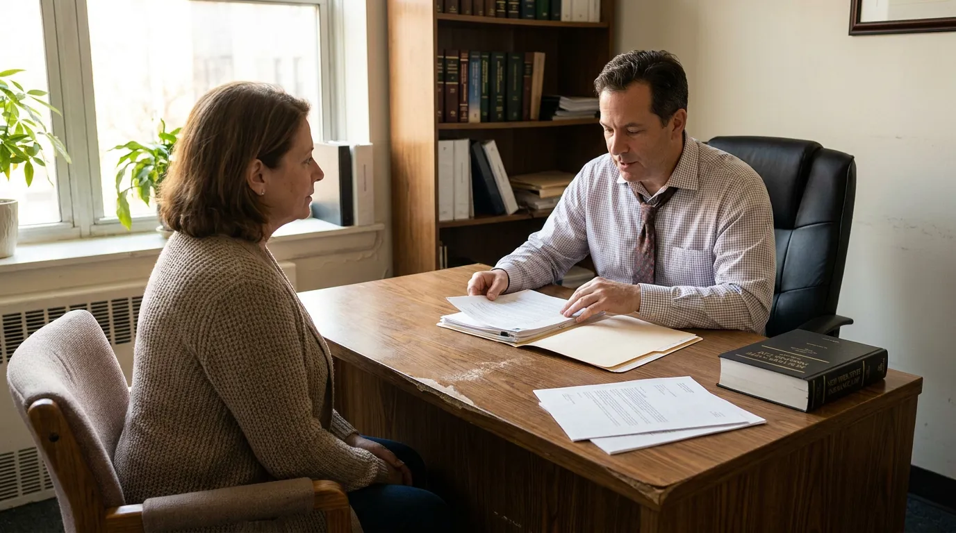 NYC Auto Accident Attorney Reviewing SUM Coverage Claim attorney reviewing case documents with client across wooden office desk