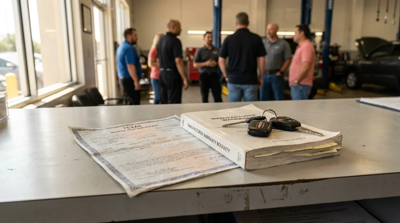 Texas vehicle title certificate and manufacturer warranty bounty book with car keys on dealership counter