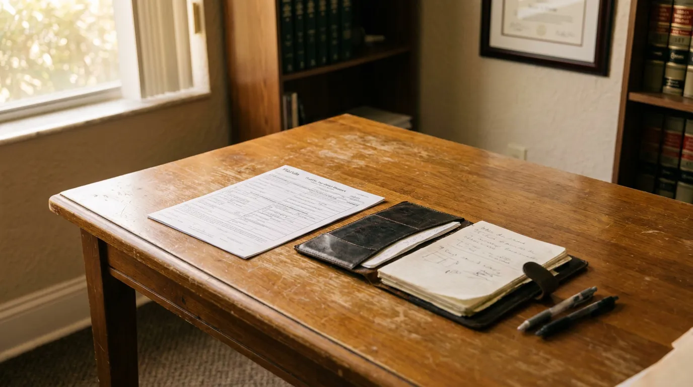 Florida Traffic Incident Report on wooden desk with legal notepad and pens