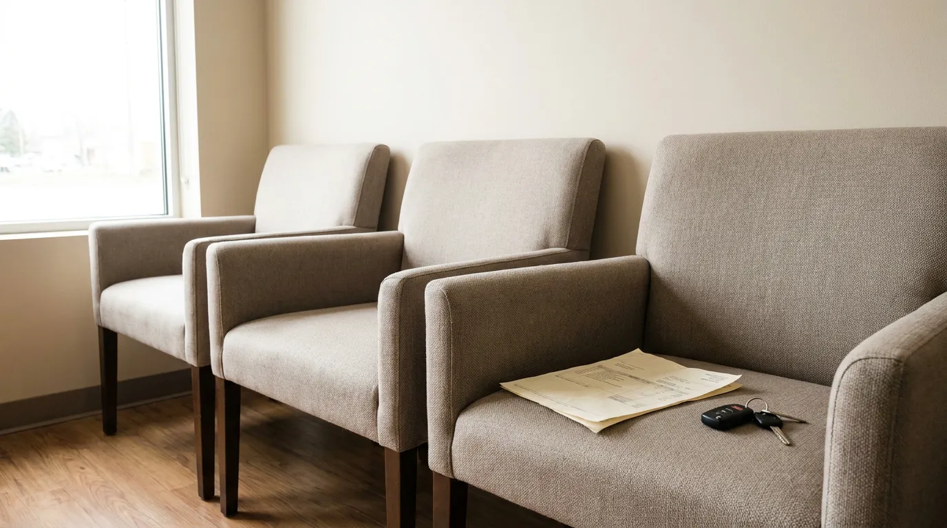 Texas Lemon Law Attorney Waiting Room With Car Keys waiting room chairs with legal documents and car keys resting on seat