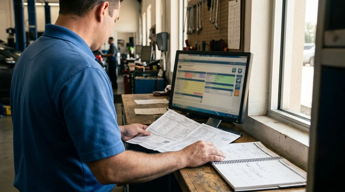 Texas Auto Mechanic Reviewing Warranty Repair Records auto shop worker reviewing printed documents beside desktop computer and open notebook
