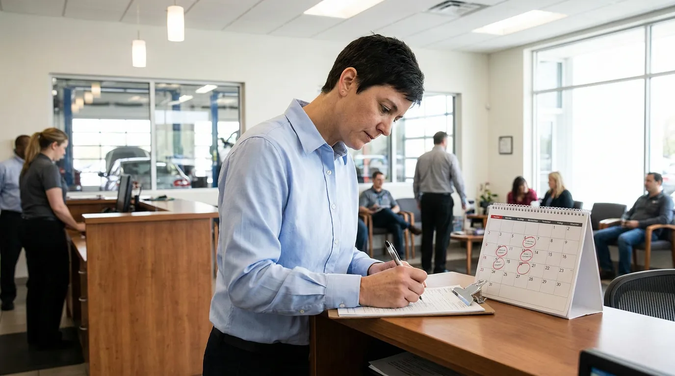 North Carolina Lemon Law 20 Business Days Dealership Calendar person signing clipboard form at dealership counter beside desk calendar