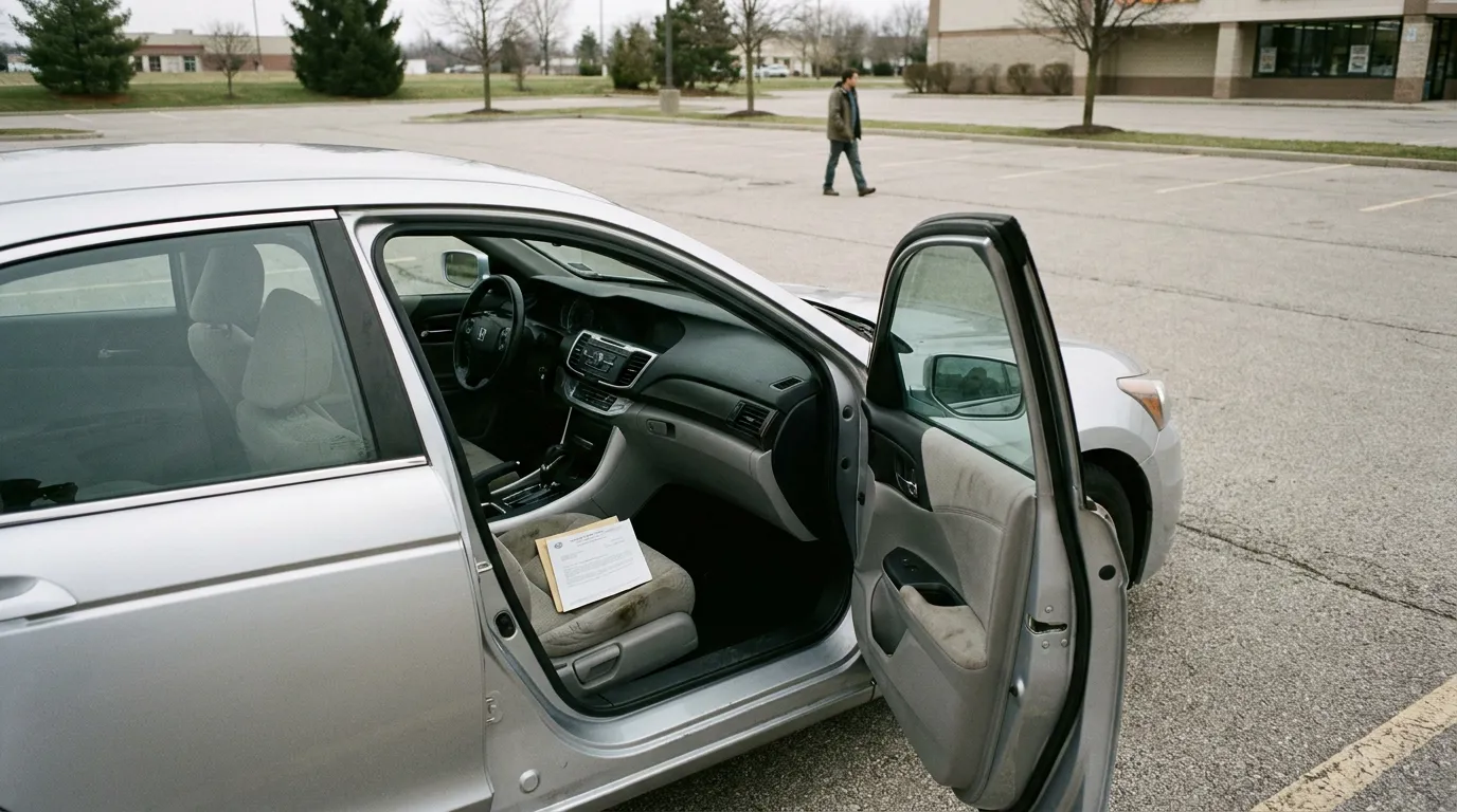 sedan with open door and document on passenger seat in parking lot