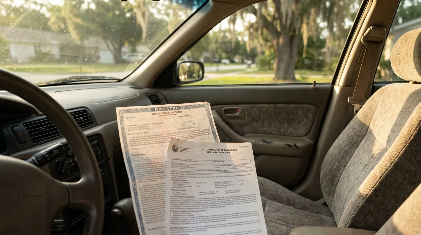 Florida Vehicle Title and Insurance Documents Orlando Car Liability Florida Title vehicle leasing document and auto insurance declarations page inside car