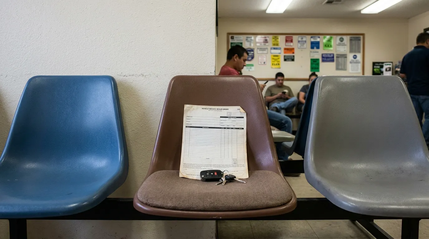 Texas Warranty Repair Shop Waiting Room With Service Order Vehicle Service Repair Order form and car keys resting on waiting room chair