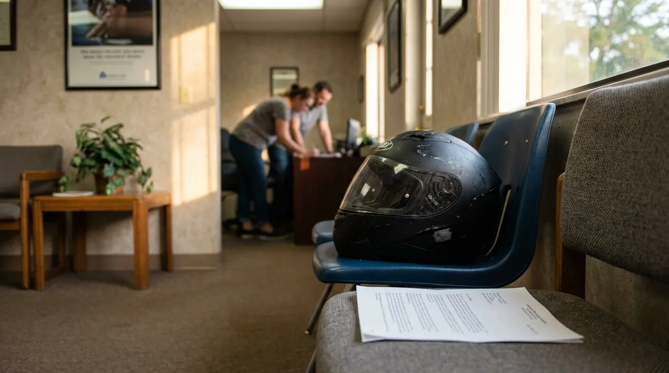 Orlando Motorcycle Rider Consulting Attorney About Florida PIP Exclusion motorcycle helmet and legal documents on waiting room chair with staff consulting